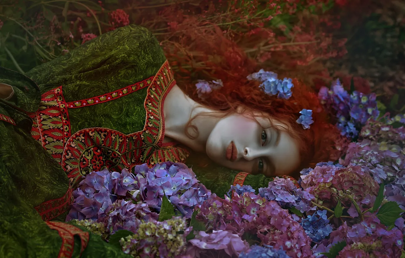 Photo wallpaper summer, girl, flowers, nature, dress, red, hydrangea, Agnieszka Lorek