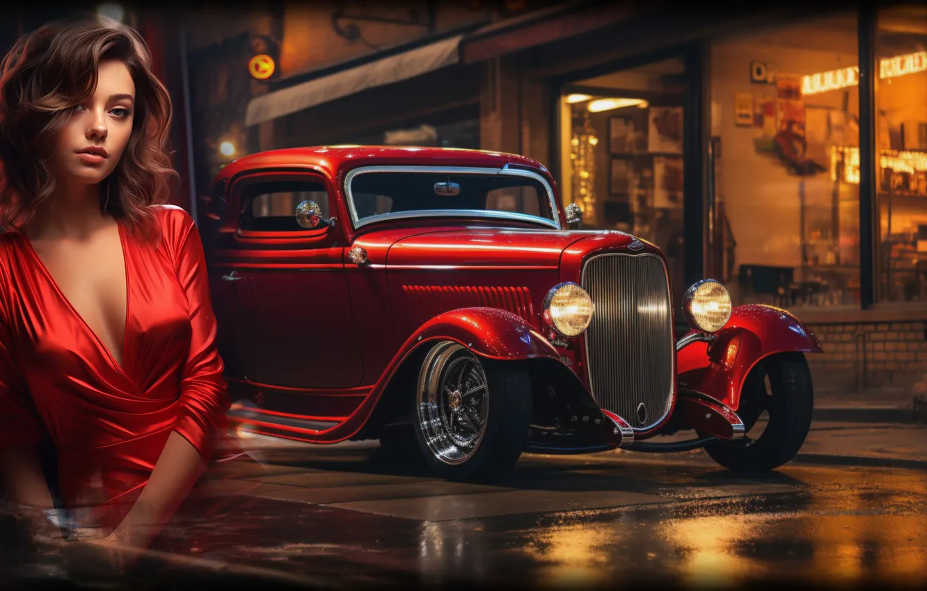 Photo wallpaper car, red, girl, retro, AI Art