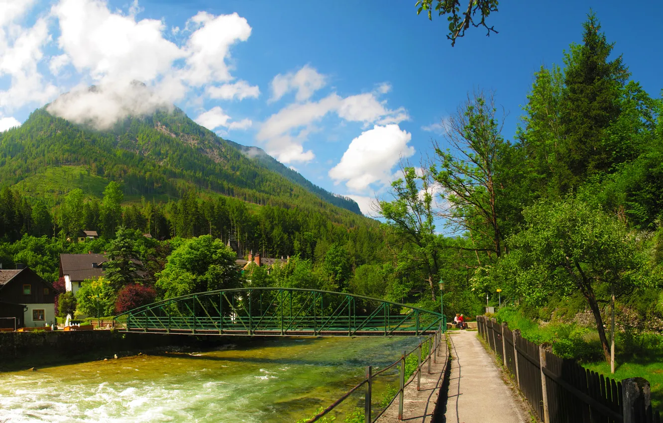 Photo wallpaper forest, clouds, trees, mountains, bridge, river, home, Austria