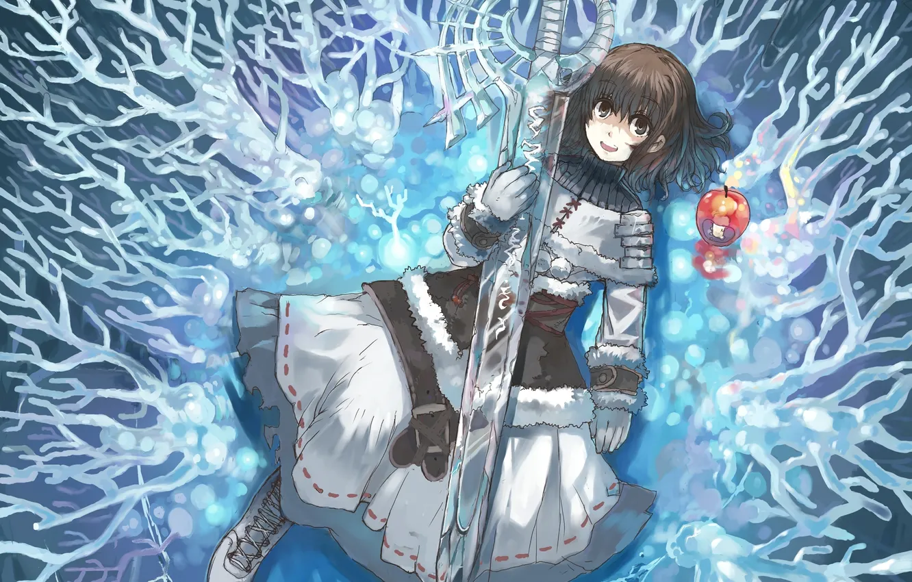 Photo wallpaper ice, winter, girl, weapons, apples, sword, anime, art