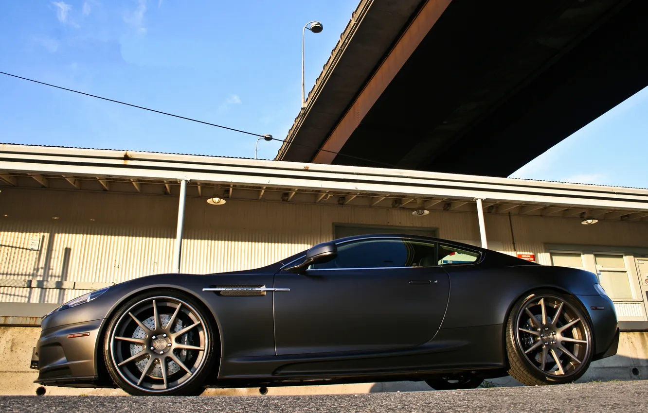 Photo wallpaper bridge, Aston Martin, black, building, DBS, Matt, profile, Aston Martin