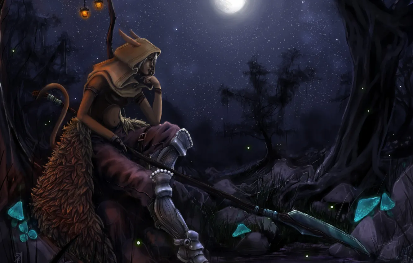 Photo wallpaper forest, stars, night, the moon, Girl, tail, spear, ears