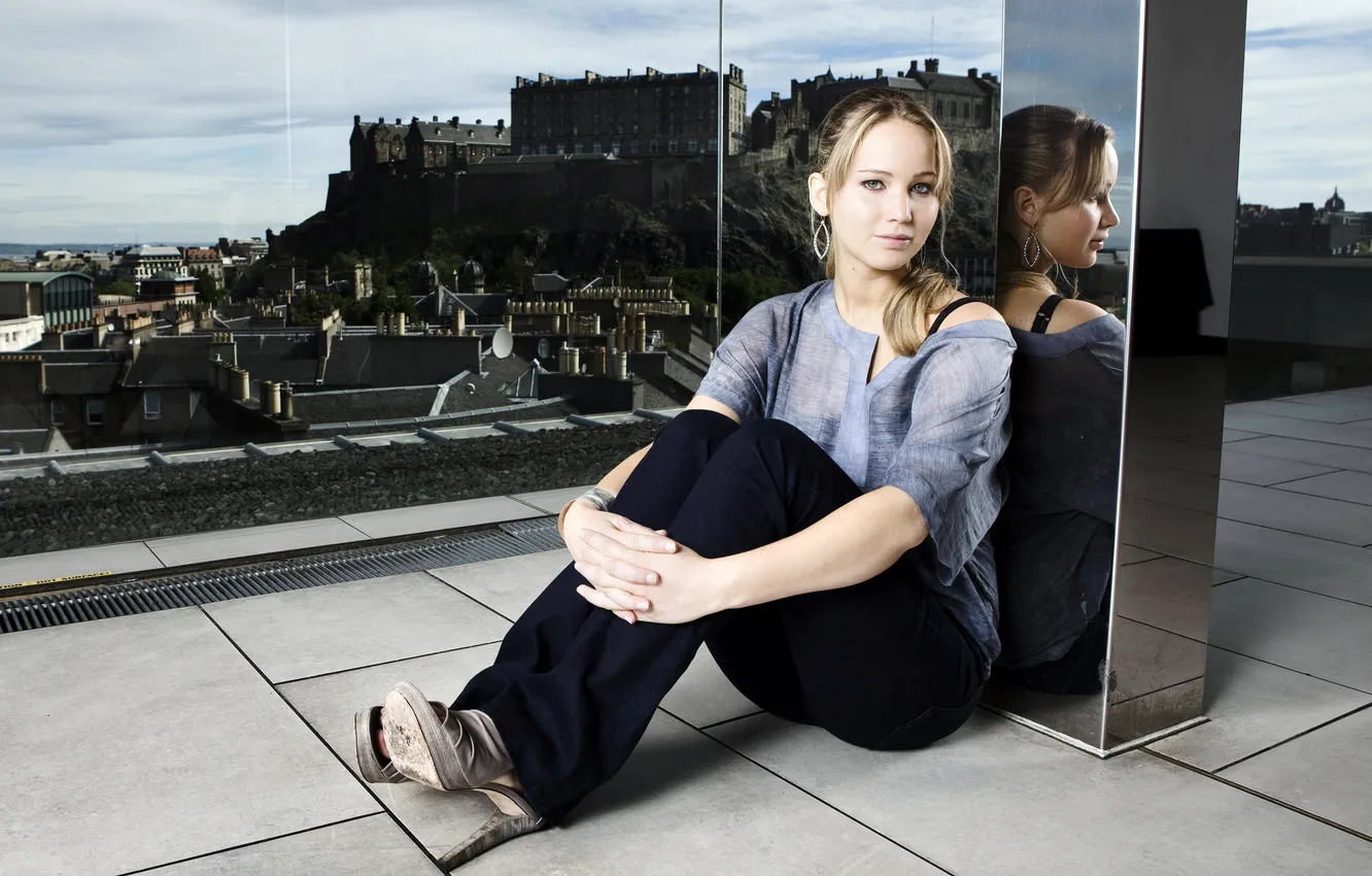 Photo wallpaper girl, the city, reflection, actress, blonde, Jennifer Lawrence, the hunger games, celebrity