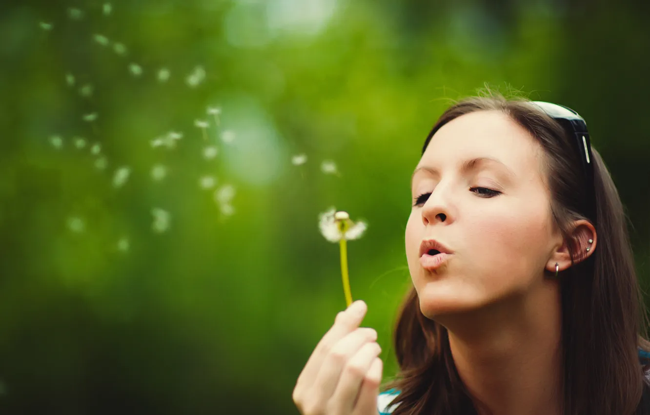 Photo wallpaper girl, dandelion, girl blowing on a dandelion