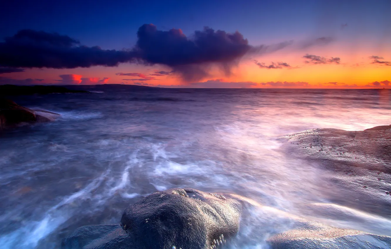 Photo wallpaper sea, the sky, clouds, stones, dawn, horizon, scotland