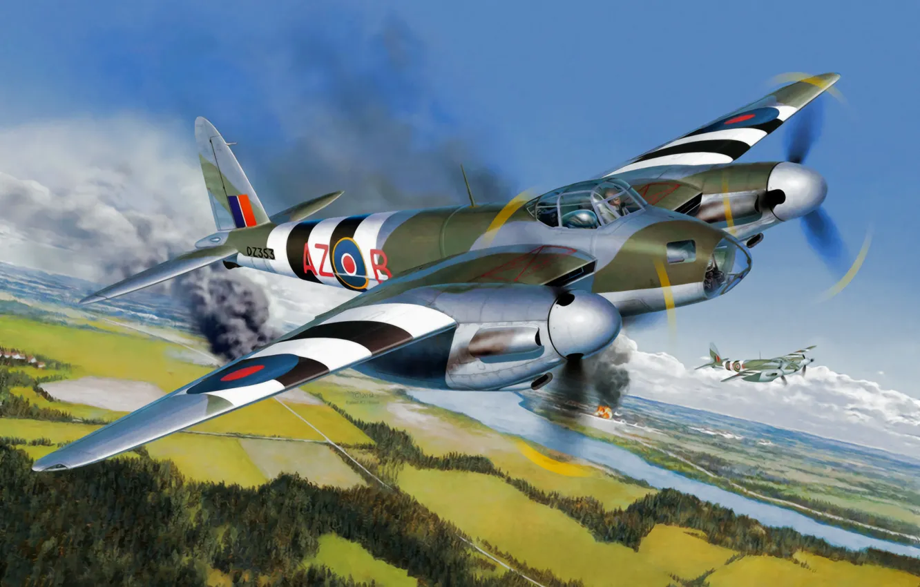 Photo wallpaper war, art, painting, aviation, ww2, De Havilland Mosquito