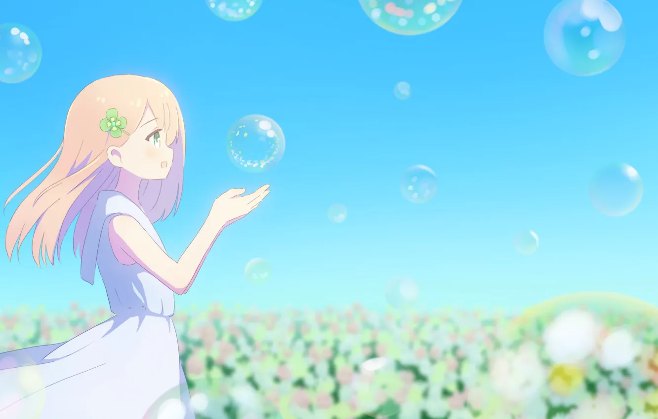 Photo wallpaper the sky, flowers, bubbles, girl