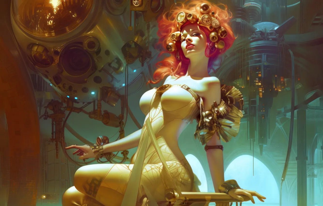 Photo wallpaper the city, pose, fiction, technology, red, science fiction, beautiful woman, The Art of AI