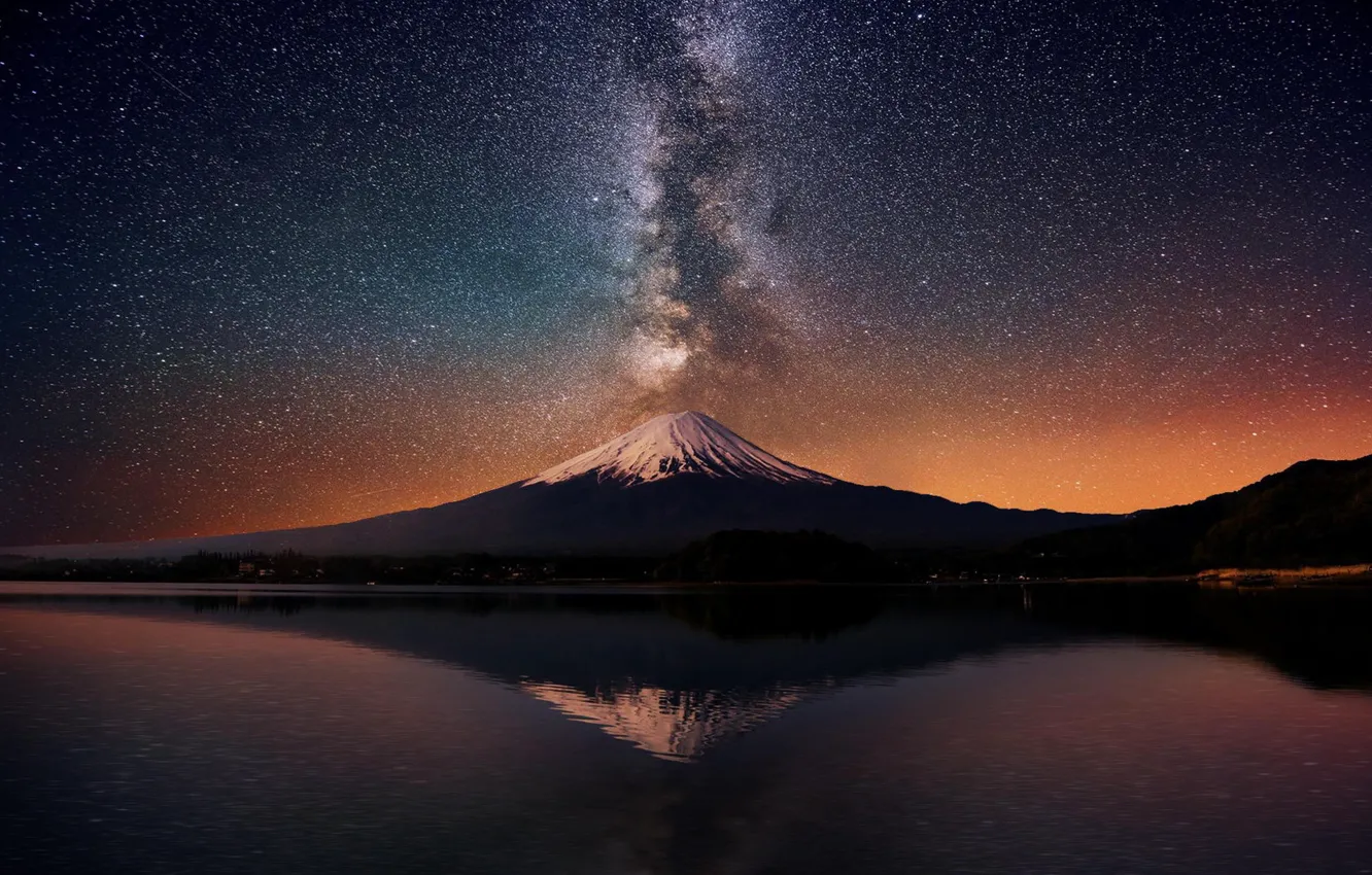 Photo wallpaper Japan, Mount Fuji, landscape, nature, water, mountains, lake, stars