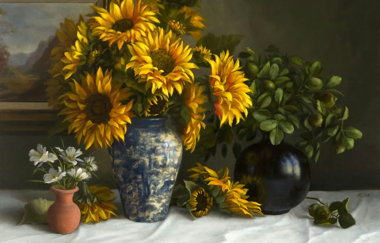 Photo wallpaper sunflowers, flowers, table, picture, still life, tablecloth, vases