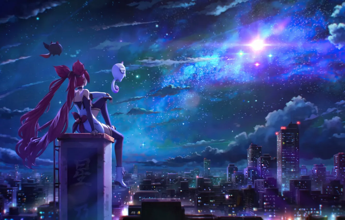 Photo wallpaper stars, night, the city, skyscrapers, League of Legends, fairy tales, the girl on the roof, …