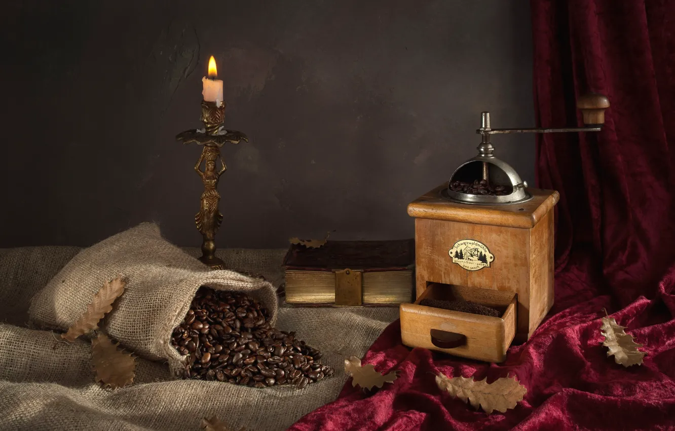 Photo wallpaper leaves, coffee, grain, candles, book, still life, bag, coffee grinder