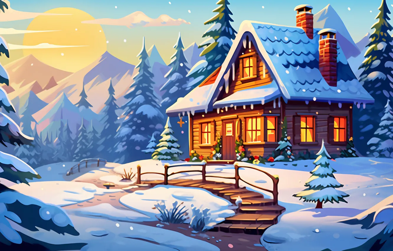 Photo wallpaper winter, snow, holiday, graphics, tree, new year, home, Christmas