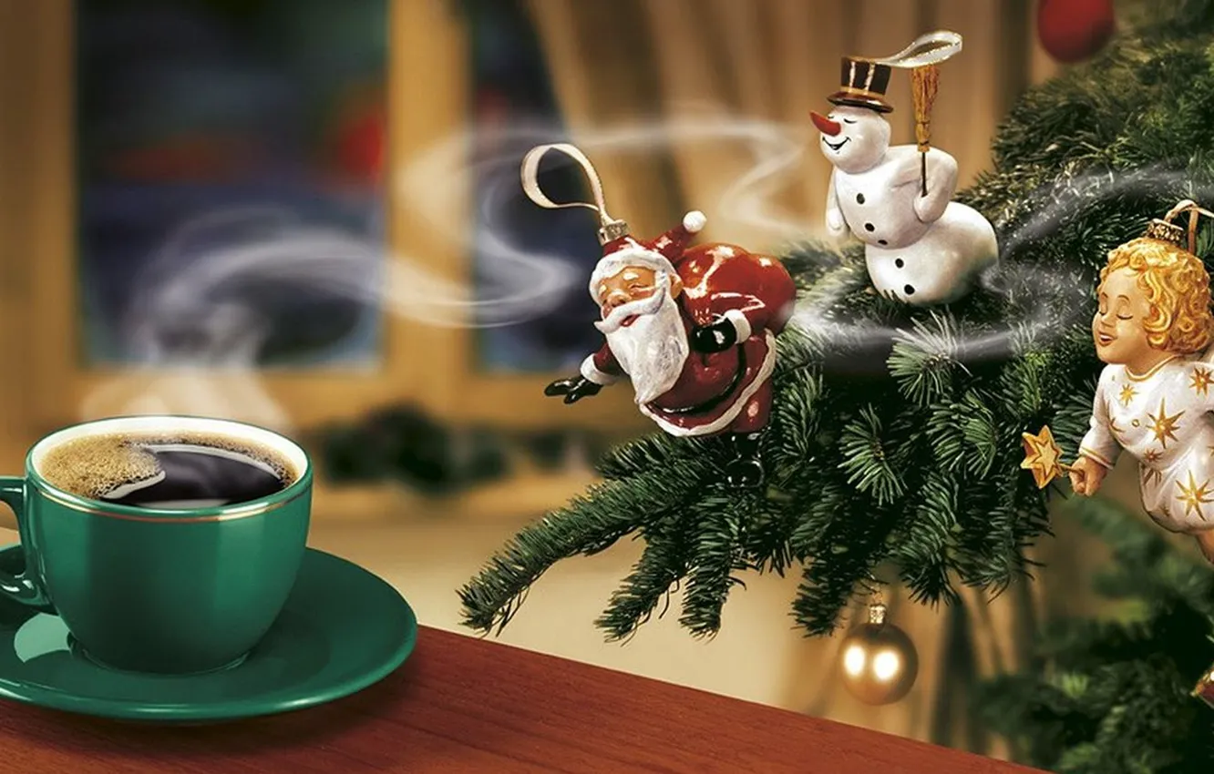 Photo wallpaper tree, new year, coffee, angel, snowman, Santa Claus
