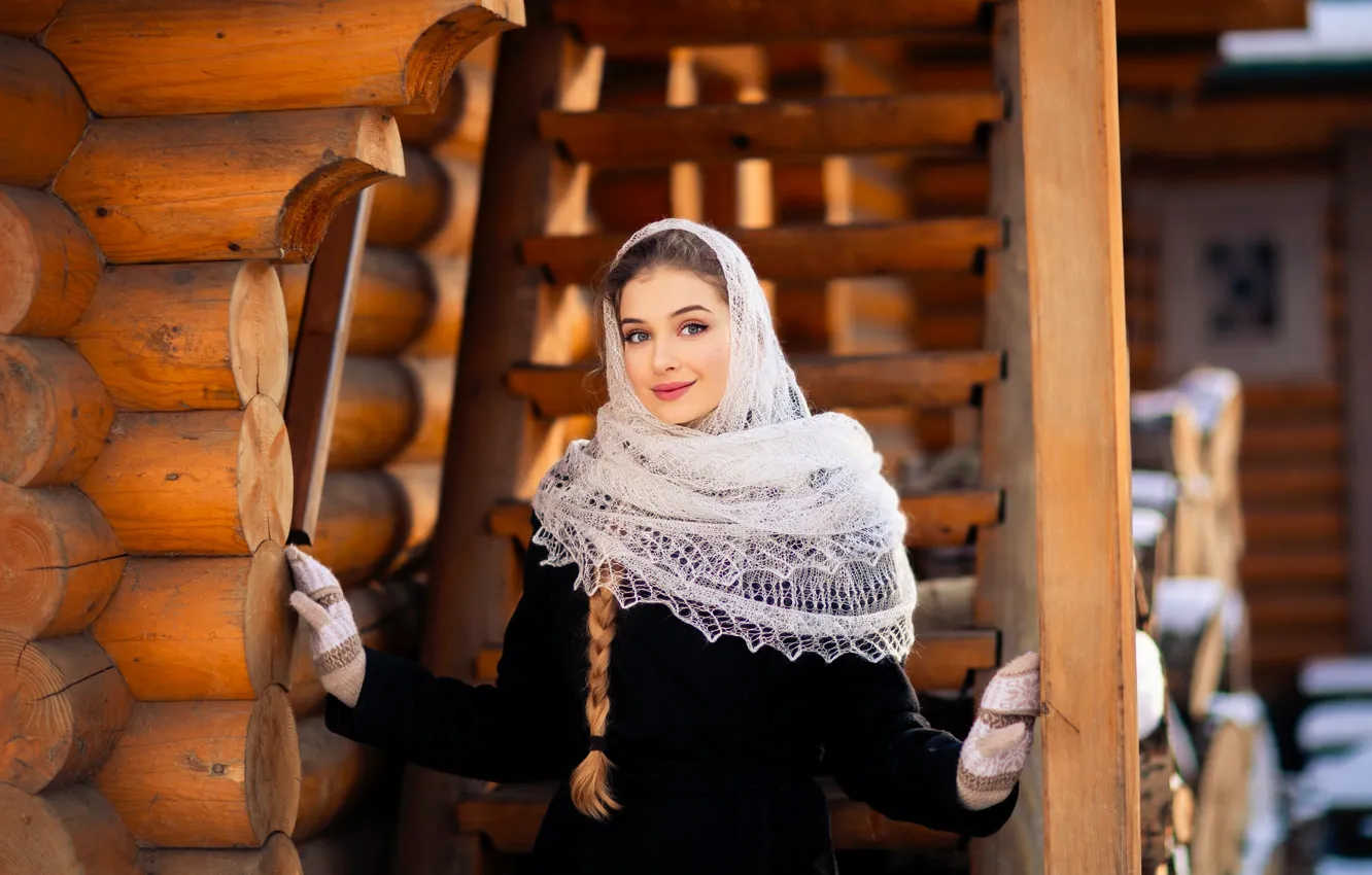 Photo wallpaper winter, girl, home, braid, log, shawl, frame, Olga Boyko