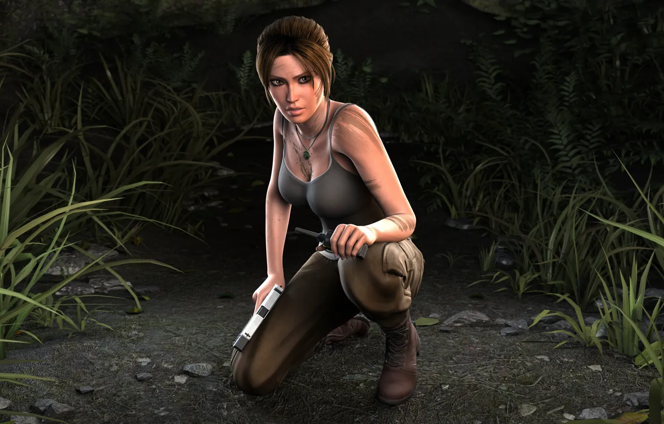 Photo wallpaper forest, grass, girl, stones, gun, Tomb Raider, Lara Croft