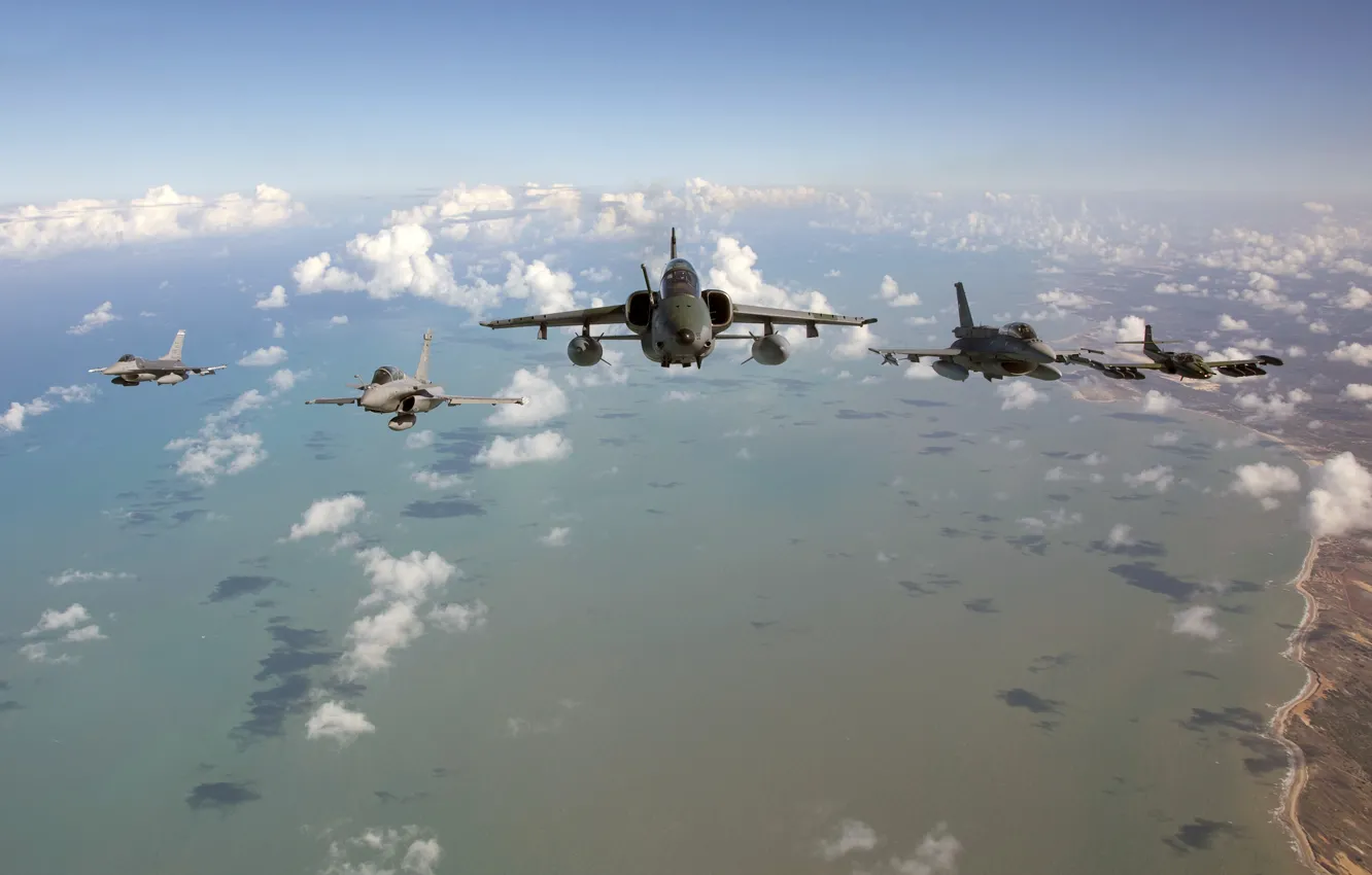 Photo wallpaper clouds, the ocean, Fighting, F-16, Falcon, F-5E, coastline, A-37A Dragonfly Cessna
