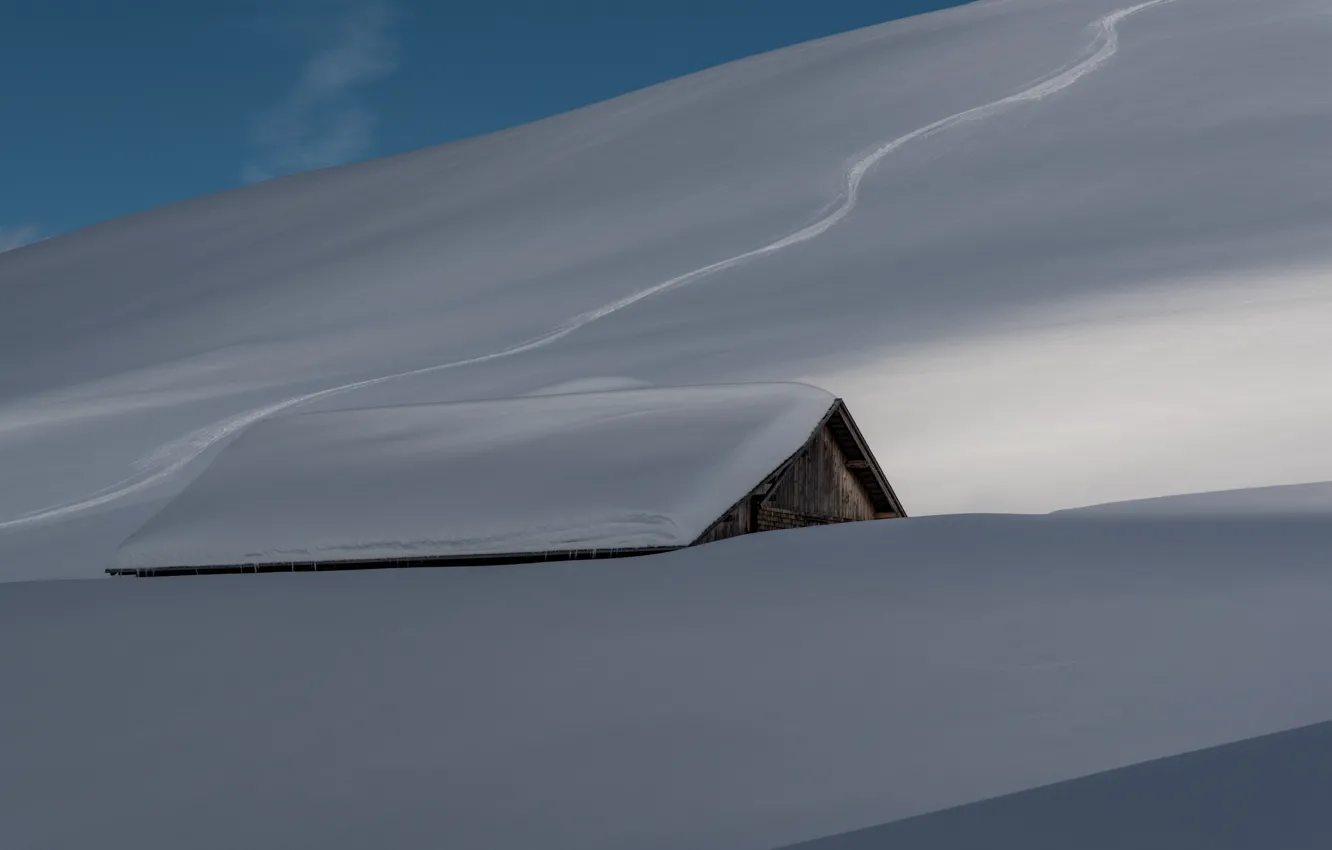 Photo wallpaper winter, roof, snow, mountains, house