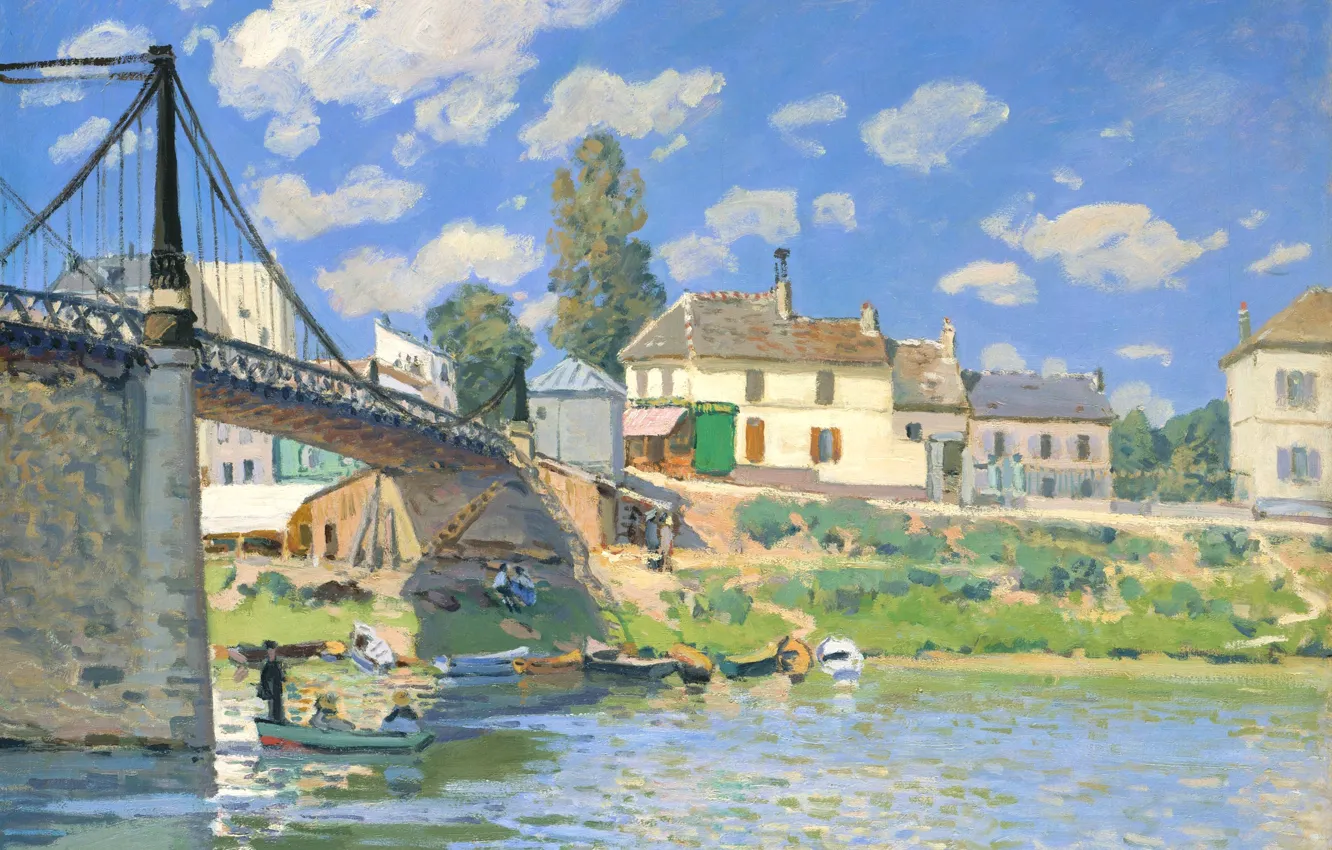 Photo wallpaper landscape, river, home, picture, boats, The bridge at Villeneuve-La-Garenne, Alfred Sisley