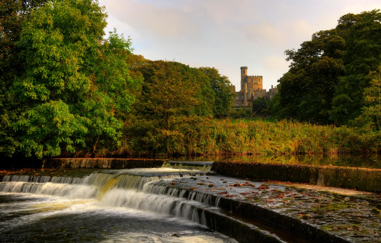 Photo wallpaper trees, stream, castle, England, waterfall, thresholds, Hornby, Lancashire