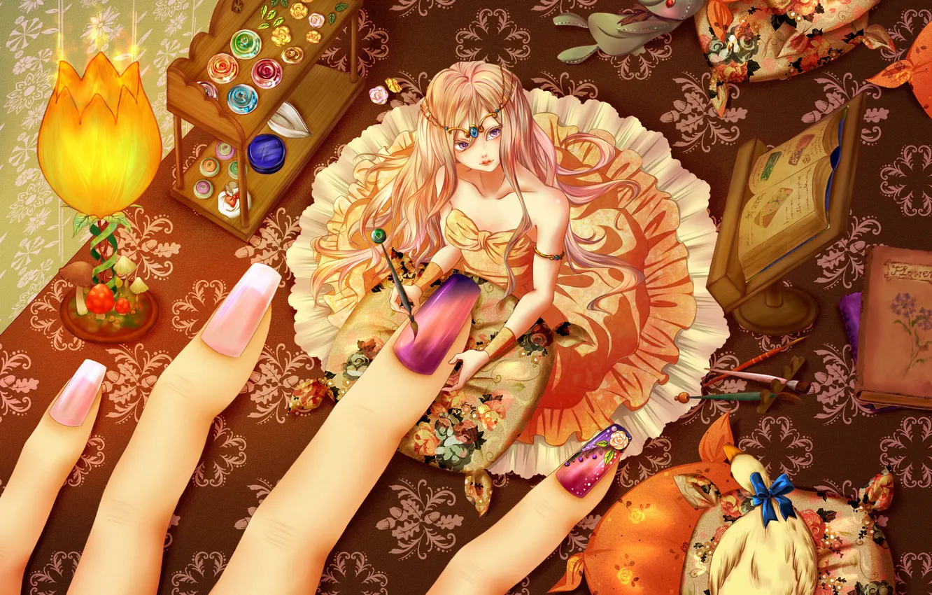 Photo wallpaper girl, flowers, paint, manicure, anim