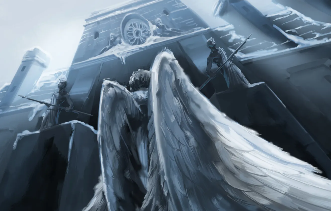 Photo wallpaper winter, snow, weapons, fiction, the building, wings, angel, art