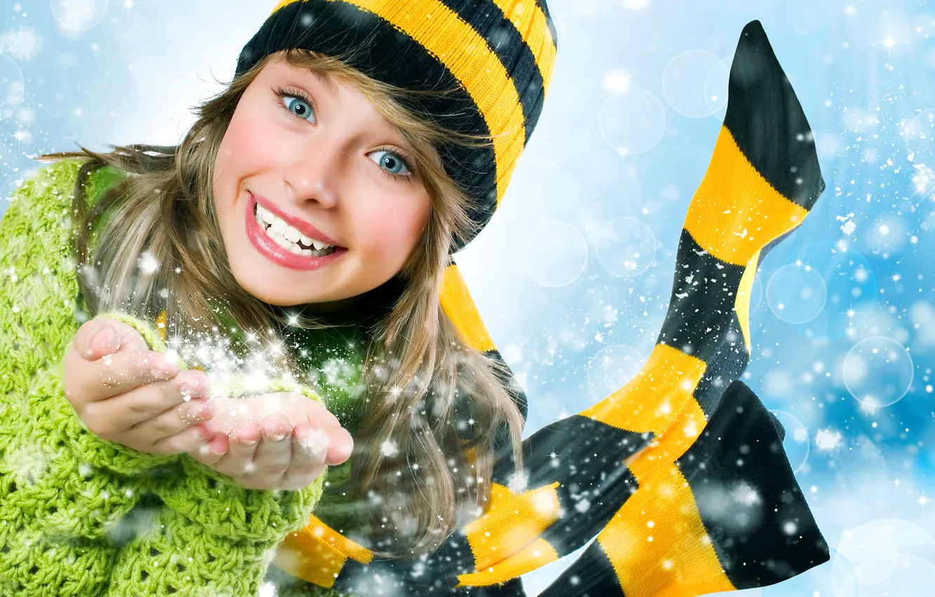 Photo wallpaper winter, girl, snow, joy, smile, laughter, scarf, cap