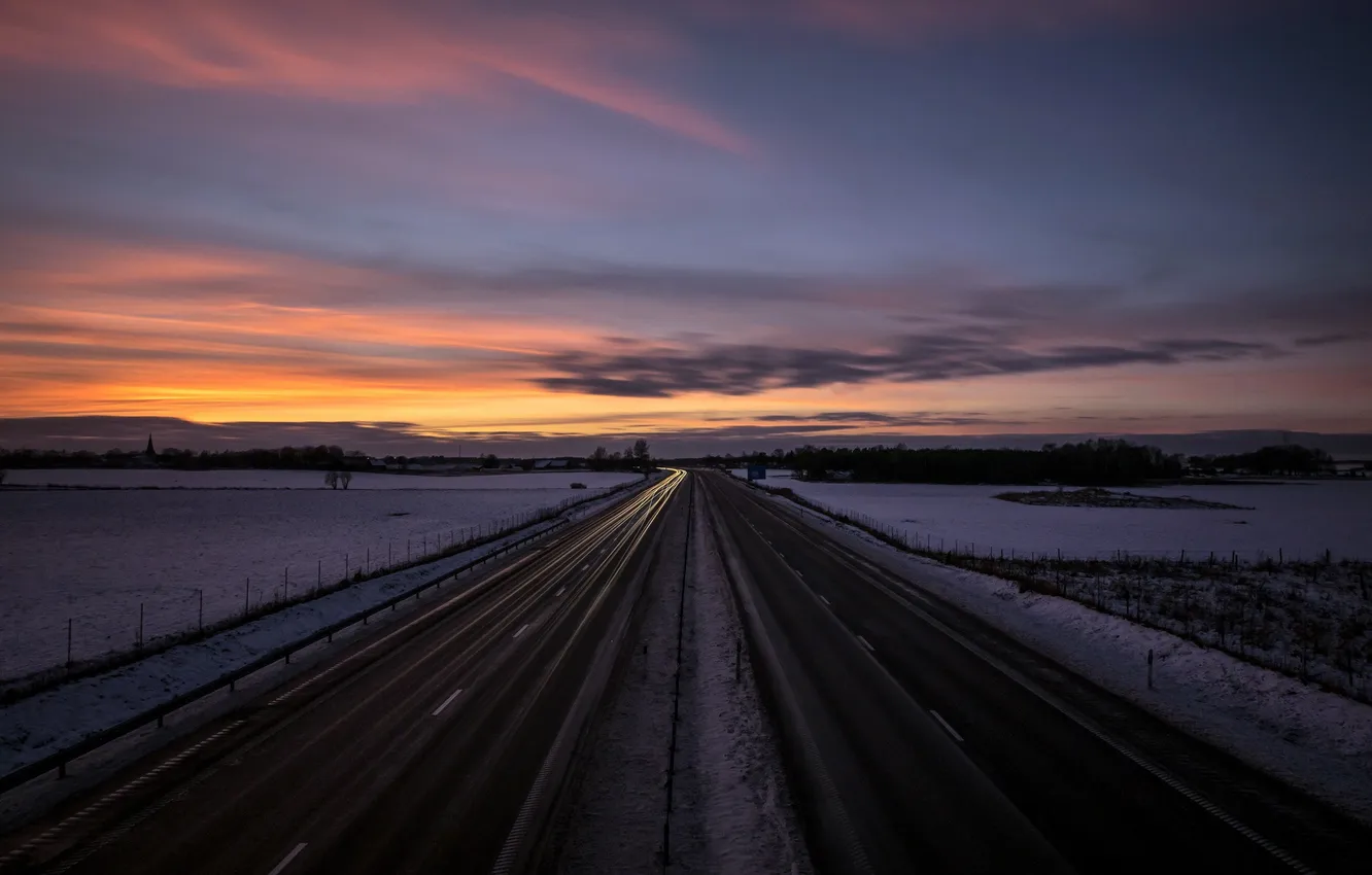 Photo wallpaper winter, road, sunset