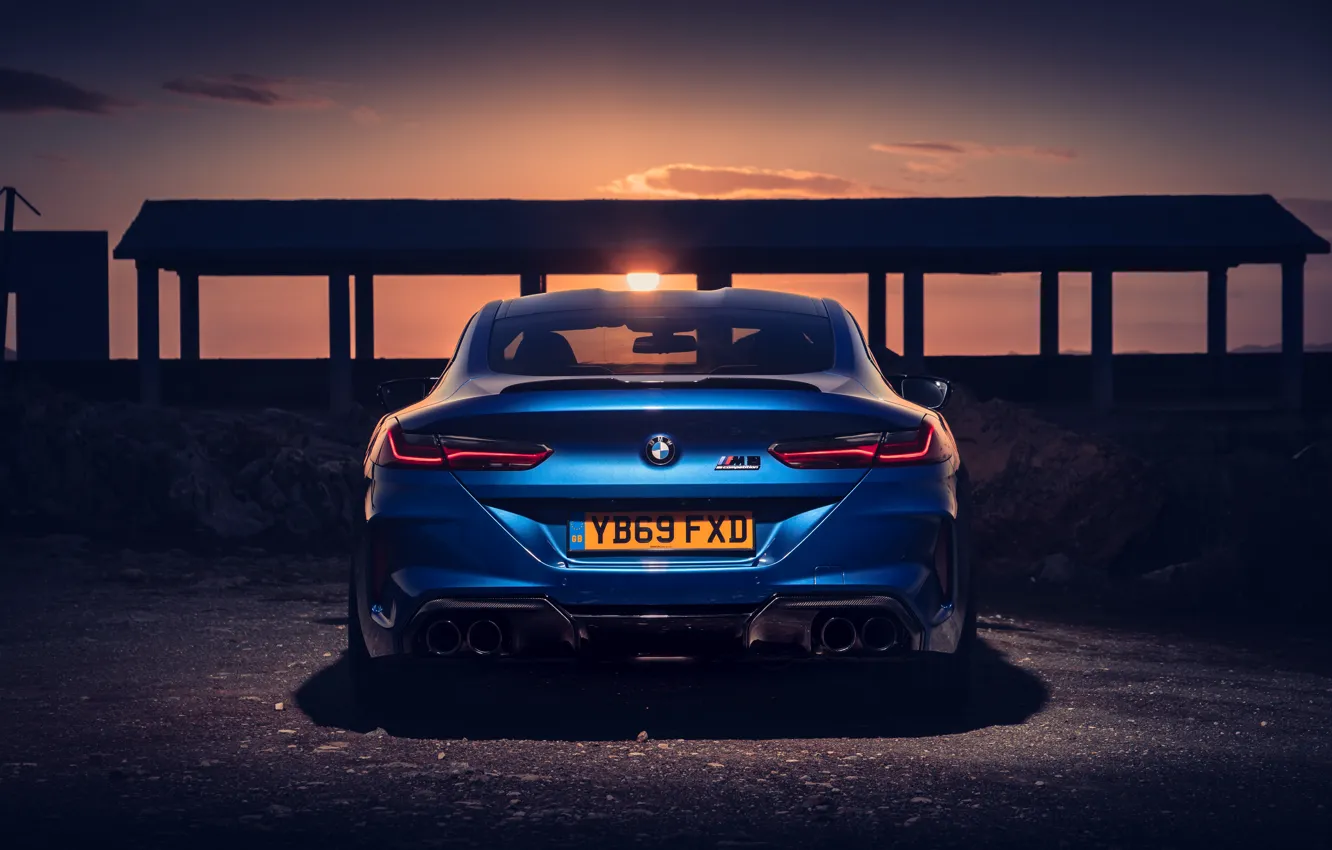Photo wallpaper sunset, BMW, rear view, Coupe, Competition, UK-Spec, 2019, BMW M8