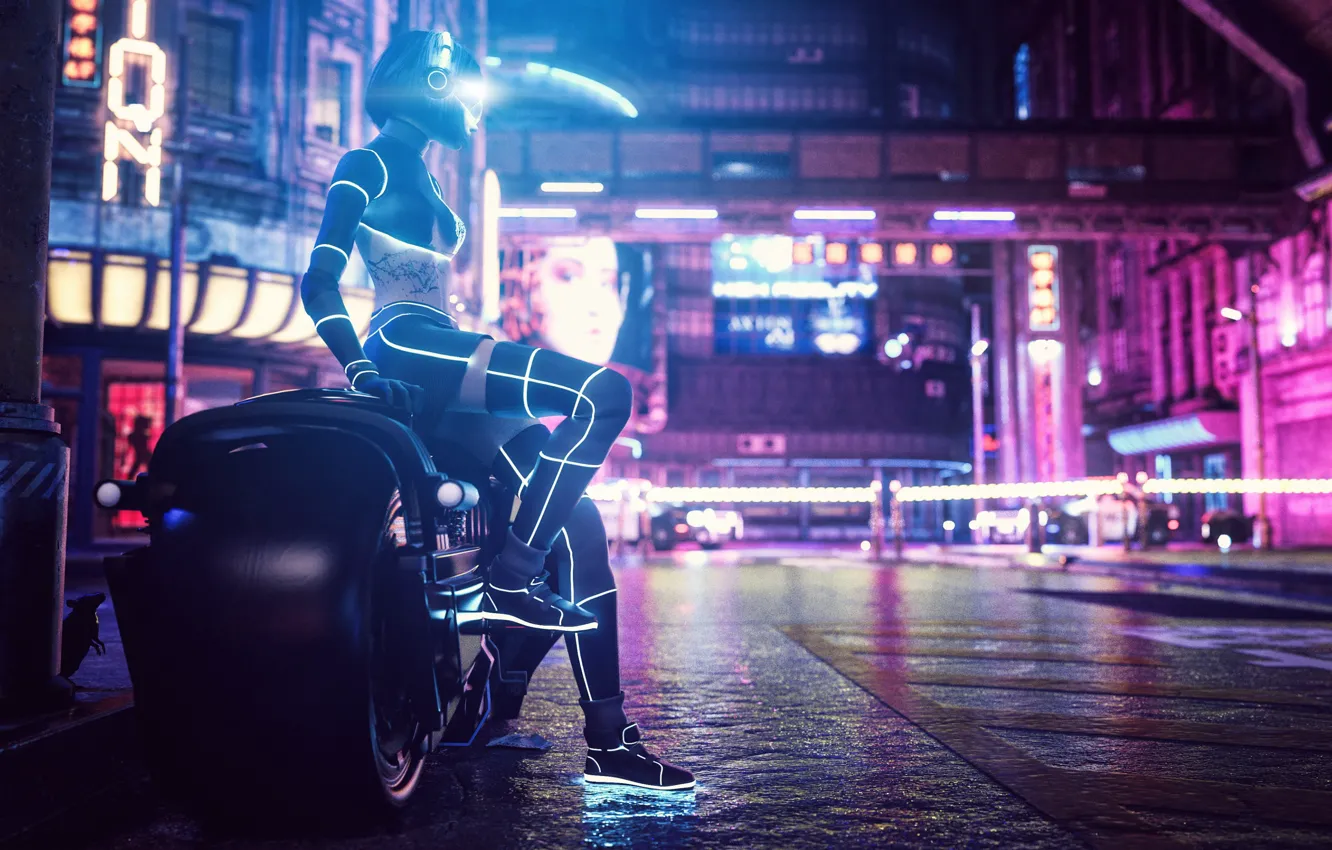 Photo wallpaper girl, night, city, the city, lights, lights, advertising, motorcycle