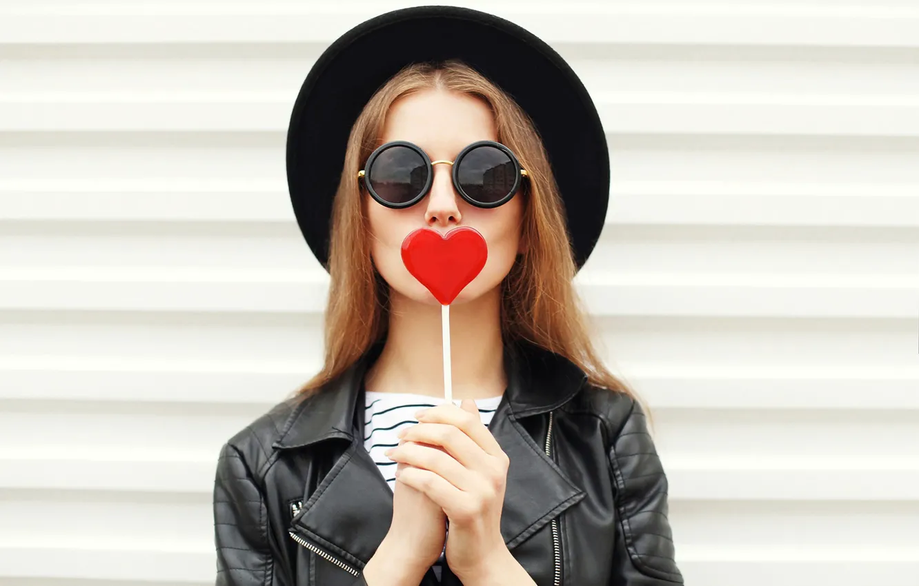 Photo wallpaper girl, heart, glasses, jacket, Lollipop, candy