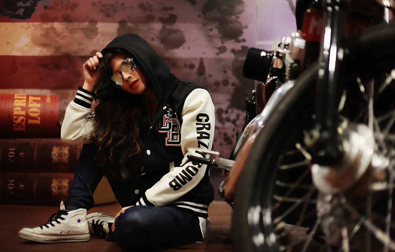 Photo wallpaper girl, face, hair, glasses, hood, motorcycle, Cape