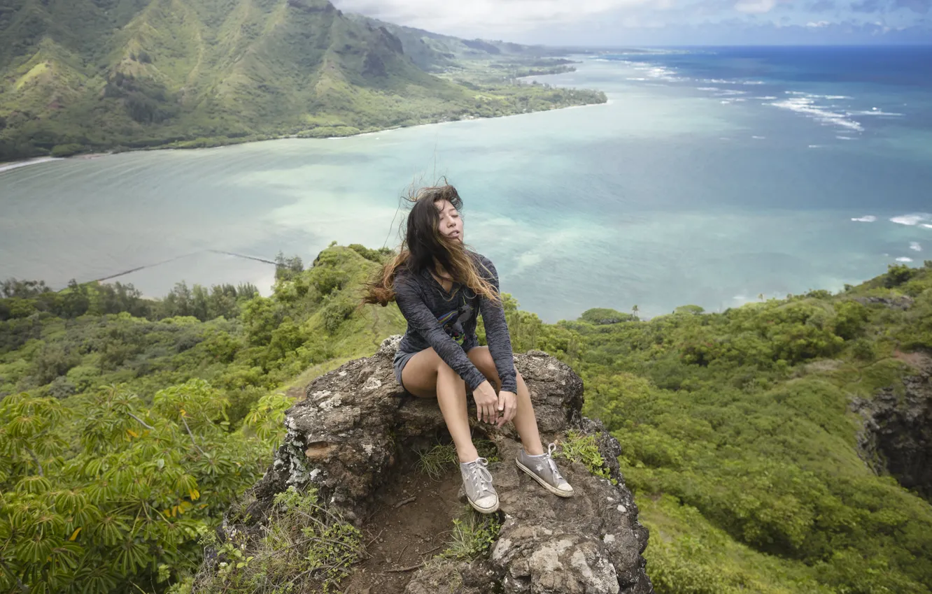 Photo wallpaper girl, landscape, nature, stones, the wind, sitting