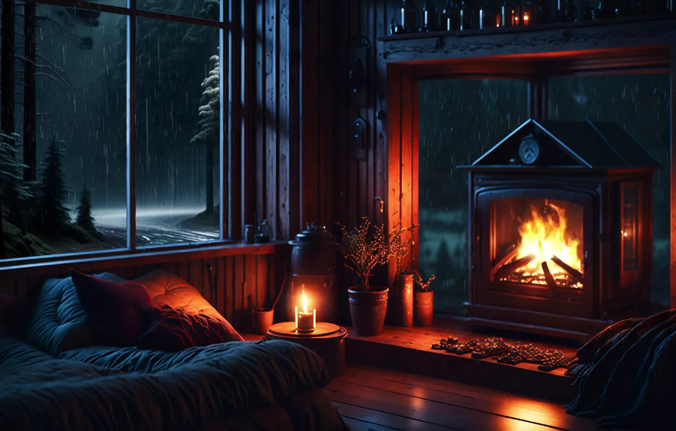 Photo wallpaper glasses, fireplace, Nigth