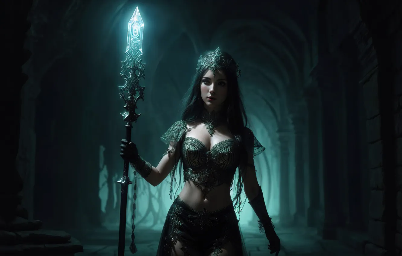 Photo wallpaper girl, fantasy, art, digital art, darkness, fantasy art, Adventurer, dungeon