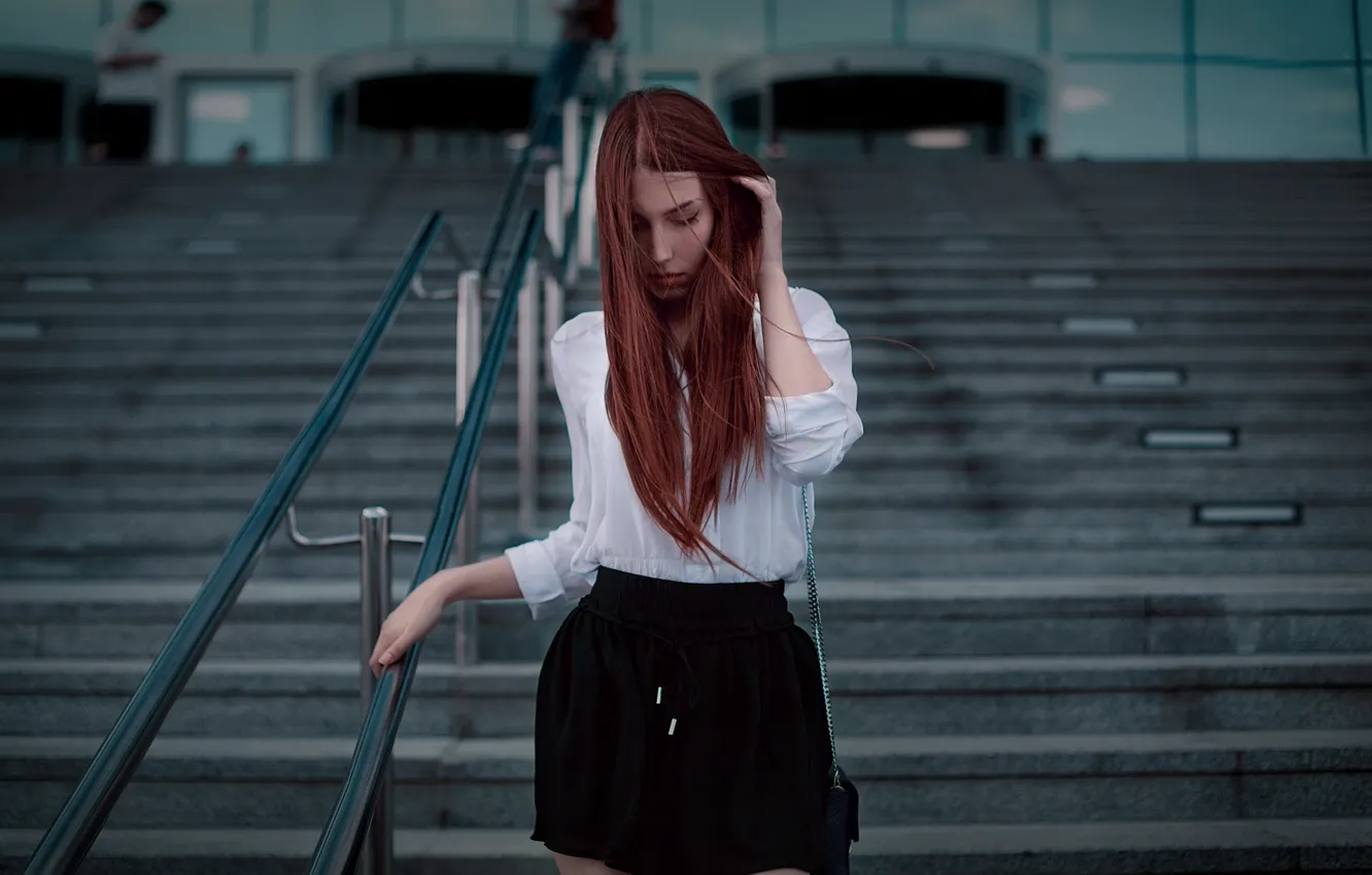 Photo wallpaper girl, redhead, hair, beautiful girl, stairway, stairs
