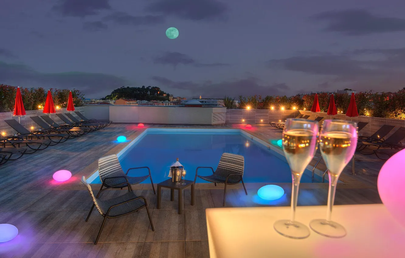 Photo wallpaper the city, mood, the moon, Villa, the evening, pool, lighting, champagne