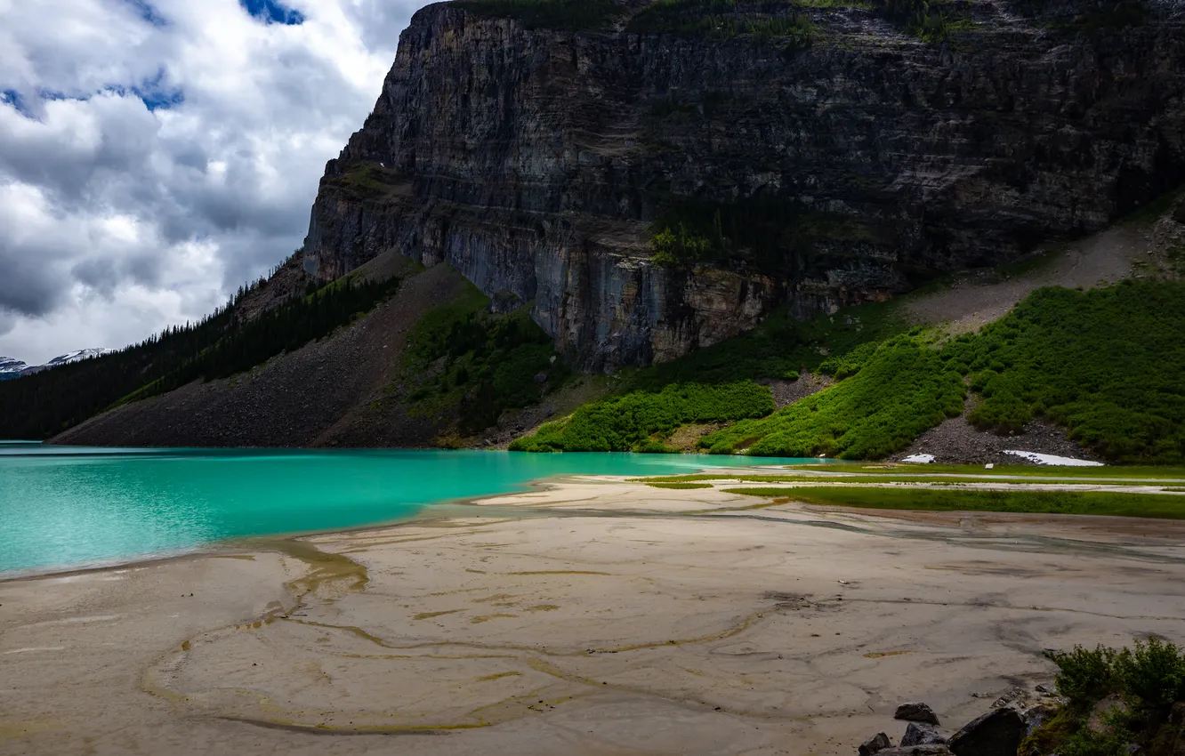 Photo wallpaper sand, sea, mountains, rocks, shore
