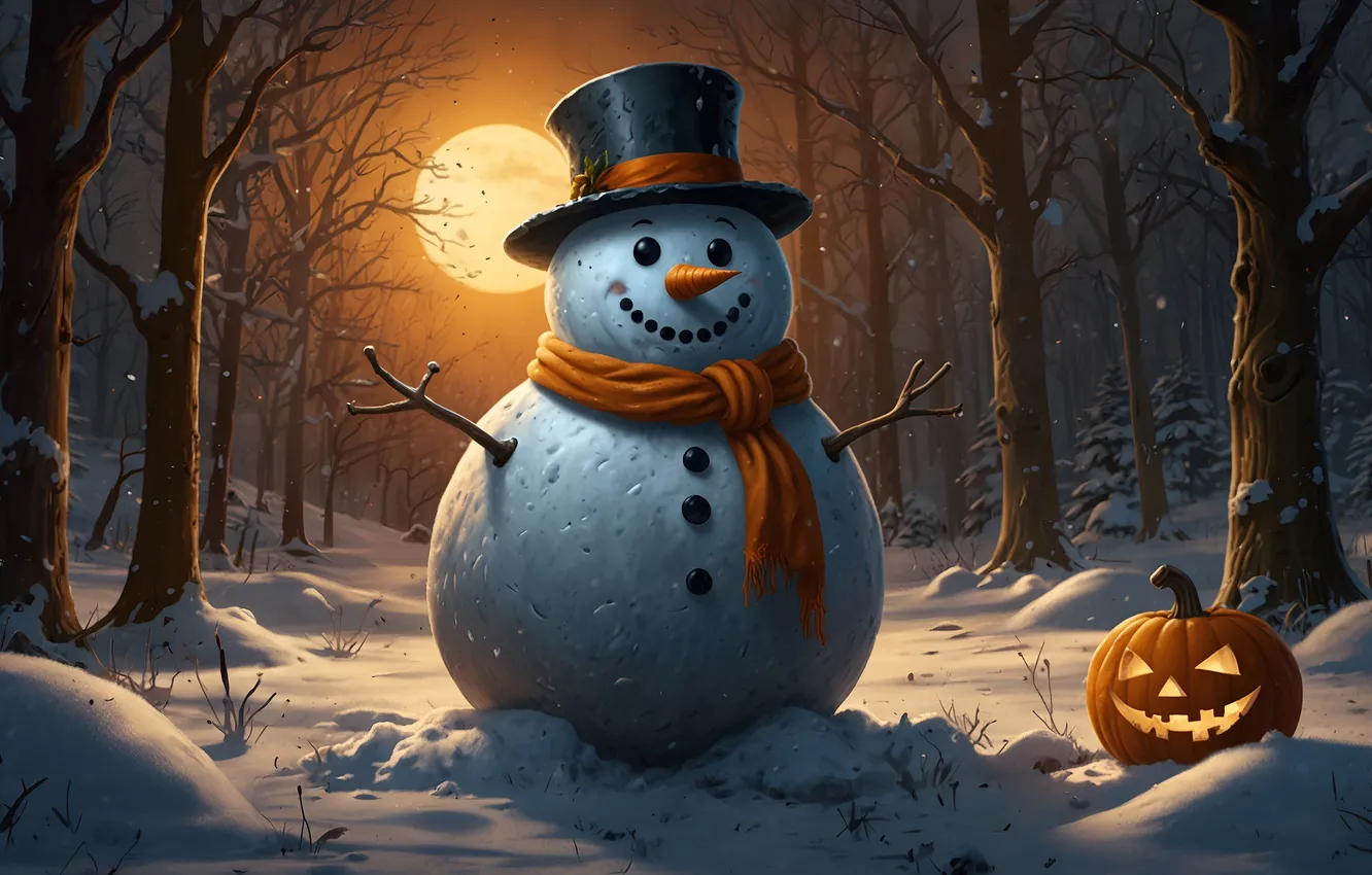 Photo wallpaper winter, forest, light, snow, trees, branches, holiday, the moon