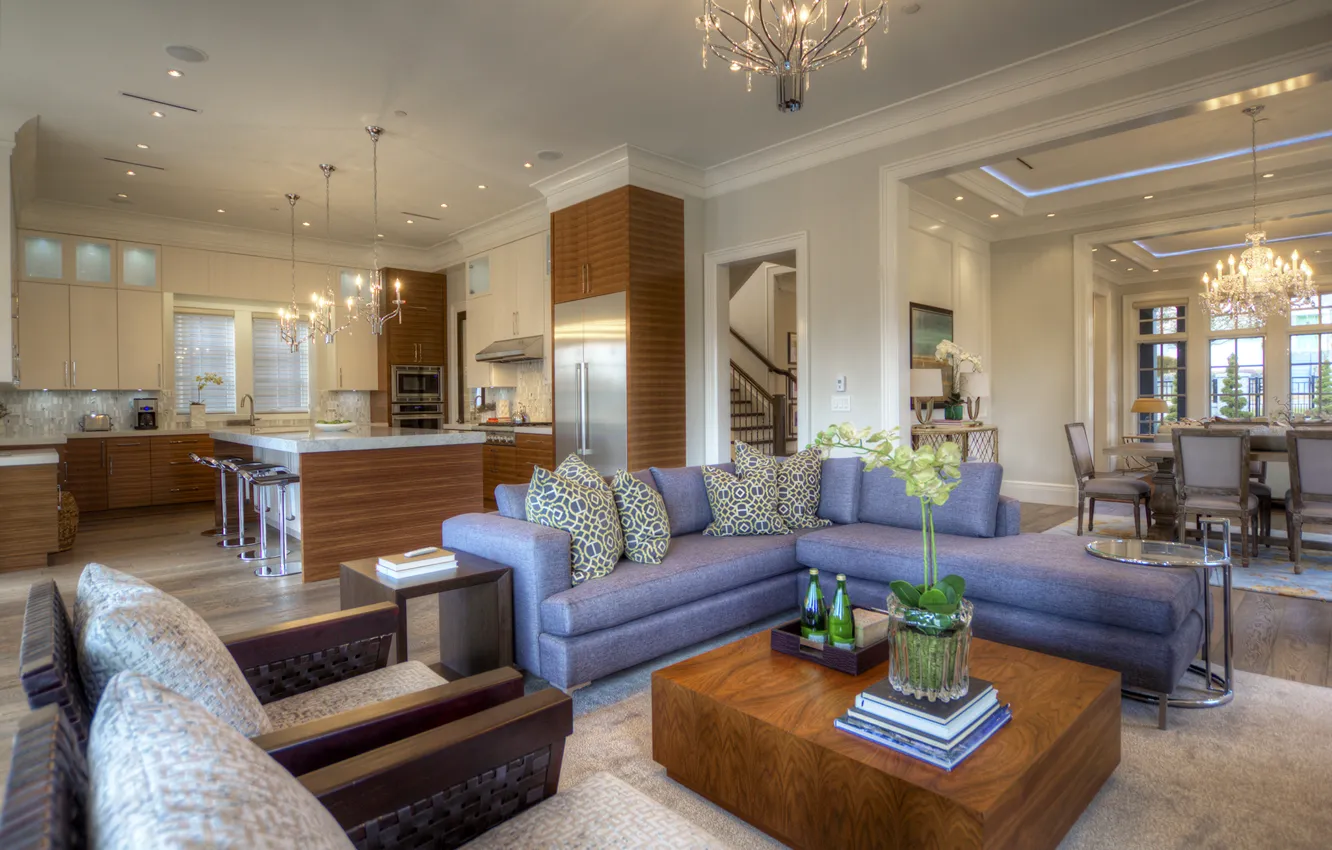 Photo wallpaper design, sofa, interior, chandelier, luxury, living room