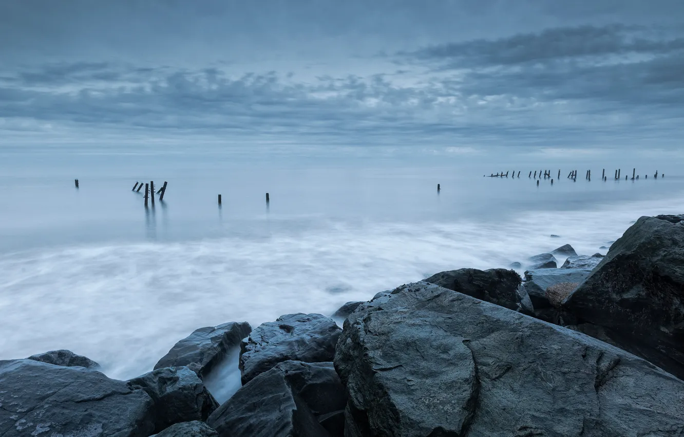 Photo wallpaper the sky, stones, shore, haze