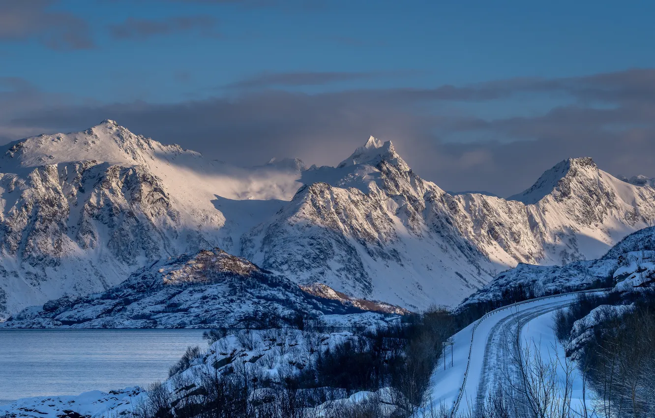 Photo wallpaper winter, mountains, tops, Norway, snow, The Lofoten Islands, Lofoten
