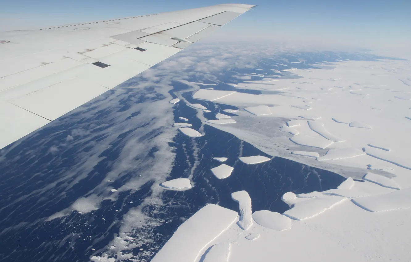 Photo wallpaper the sky, wing, ice, the plane, Antarctic ice shelf