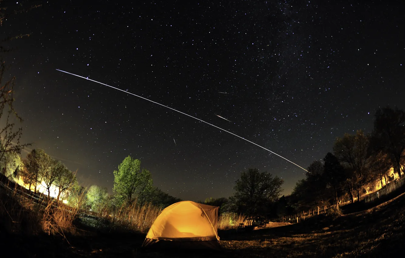 Photo wallpaper the sky, stars, trees, night, lights, tent