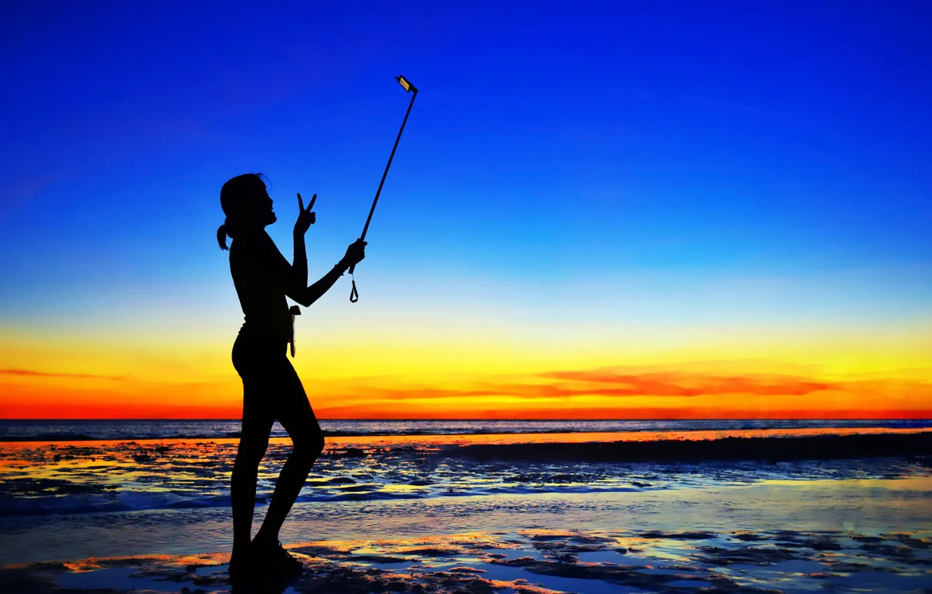 Photo wallpaper sea, beach, sunset, silhouette, Selfie