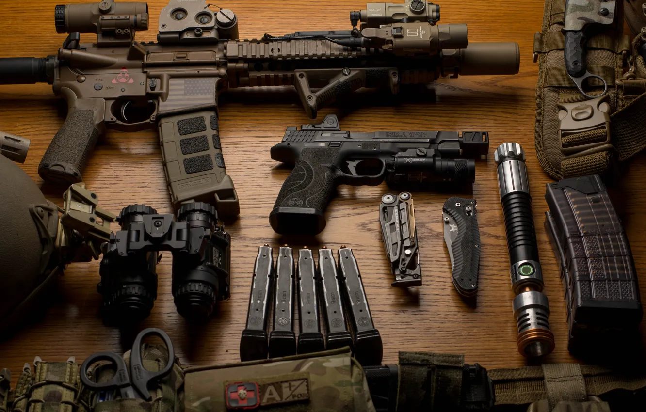 Photo wallpaper gun, knife, flashlight, binoculars, Arsenal, ammunition, assault rifle