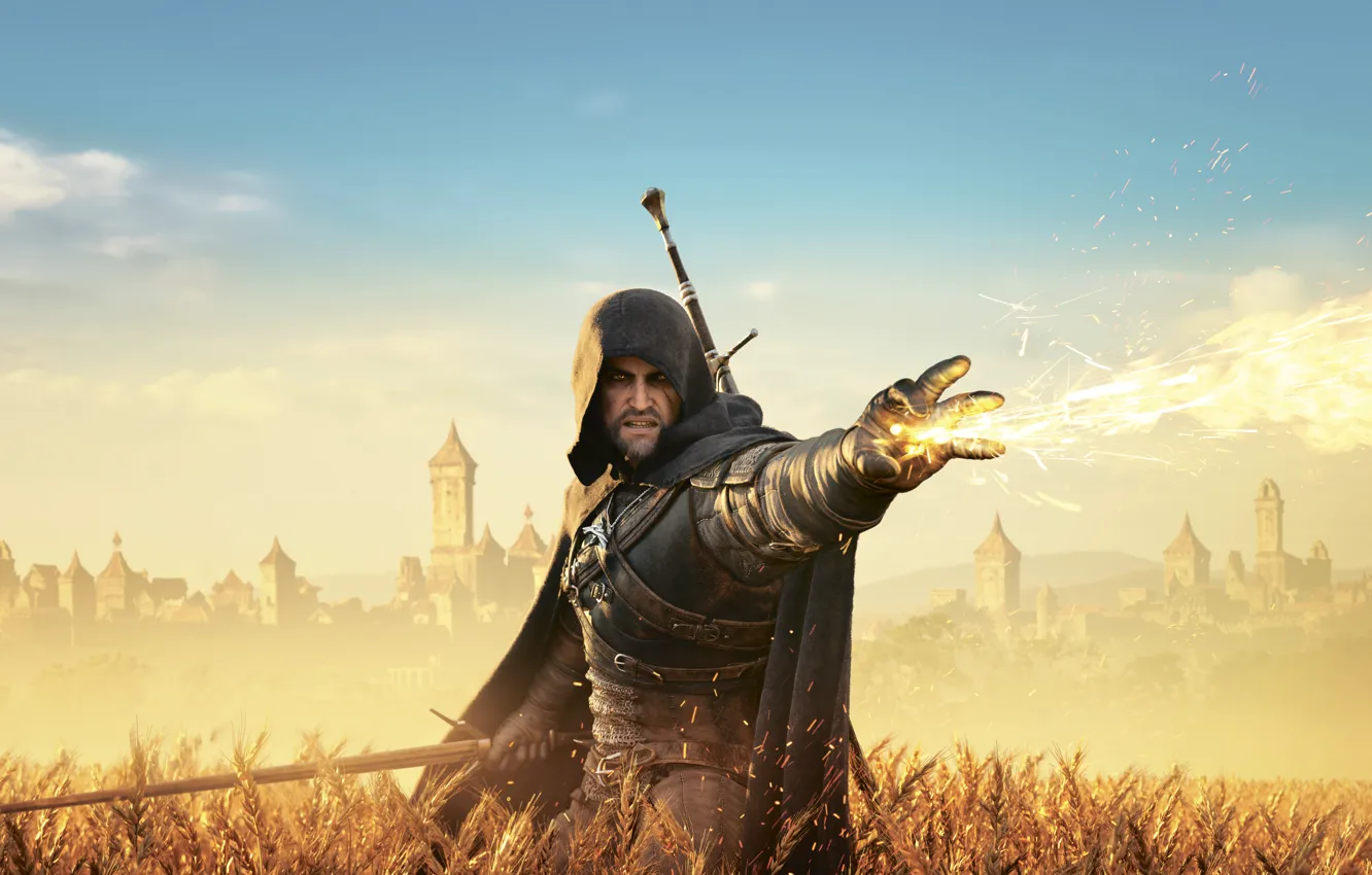 Photo wallpaper field, the city, flame, The Witcher, Herald, The Witcher 3: Wild Hunt, The Witcher 3 …