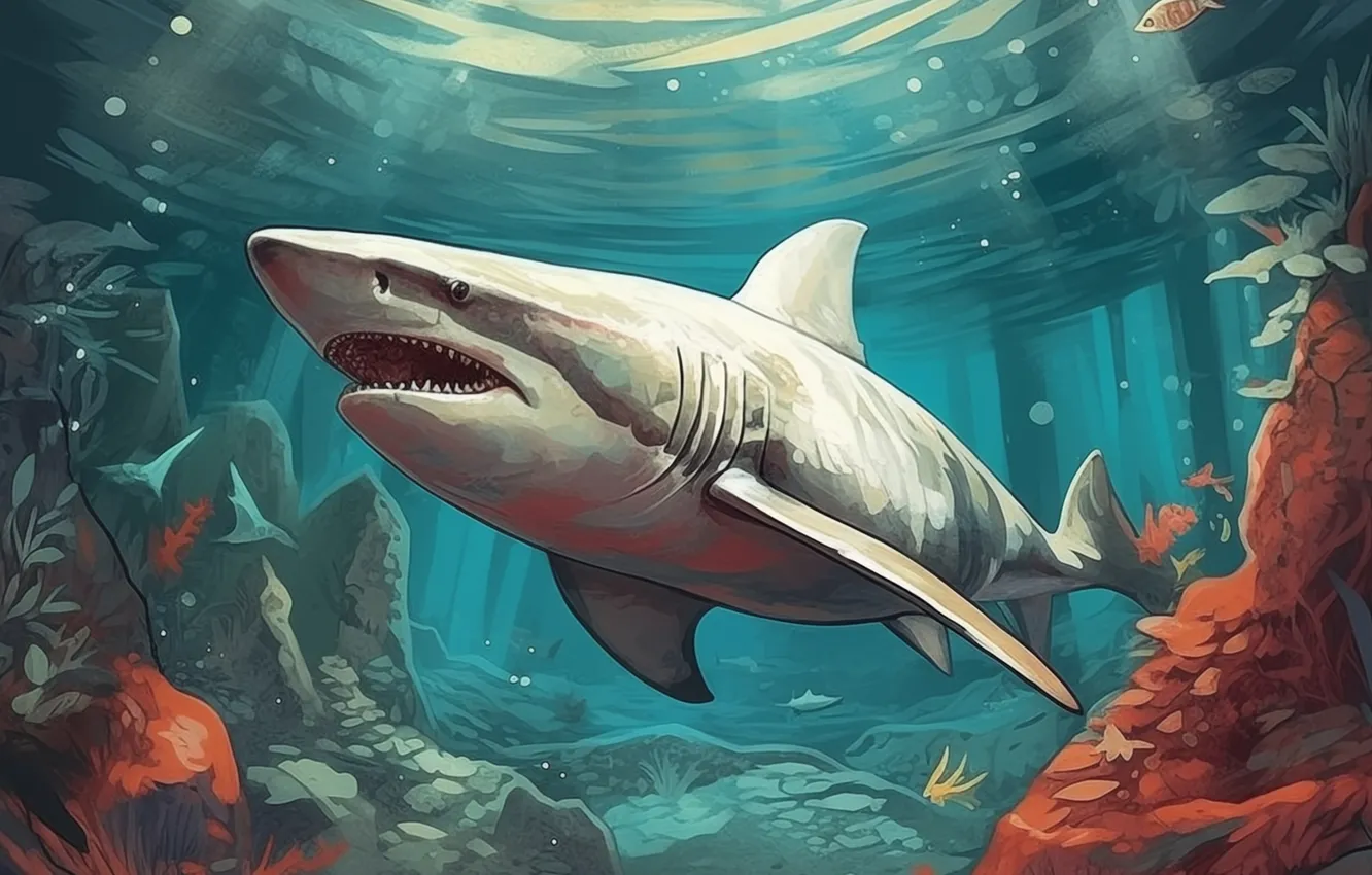 Photo wallpaper stones, predator, shark, underwater world, digital art, AI art, The Art of Artificial Intelligence, neural …