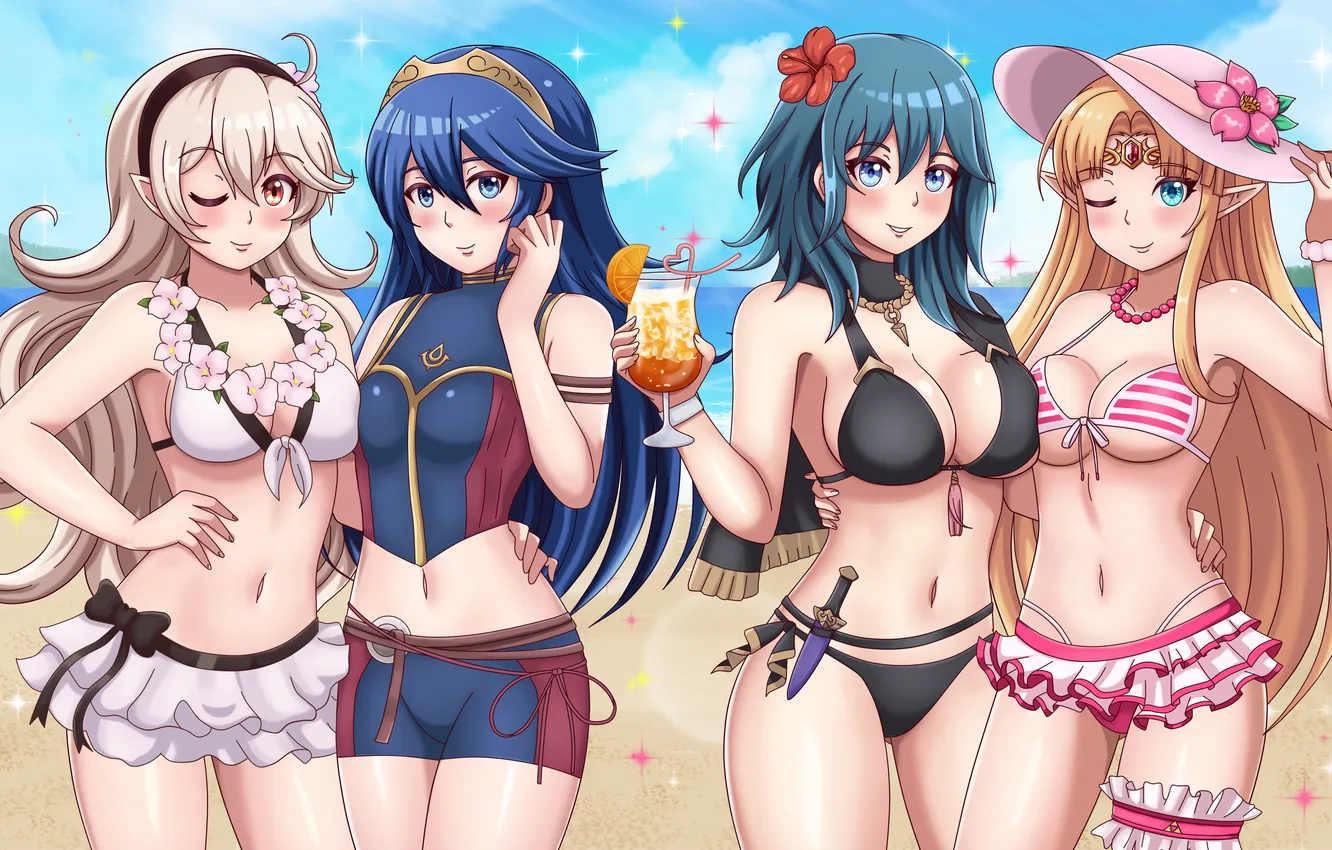 Photo wallpaper sexy, cleavage, beach, shorts, blouse, flower, green eyes, long hair