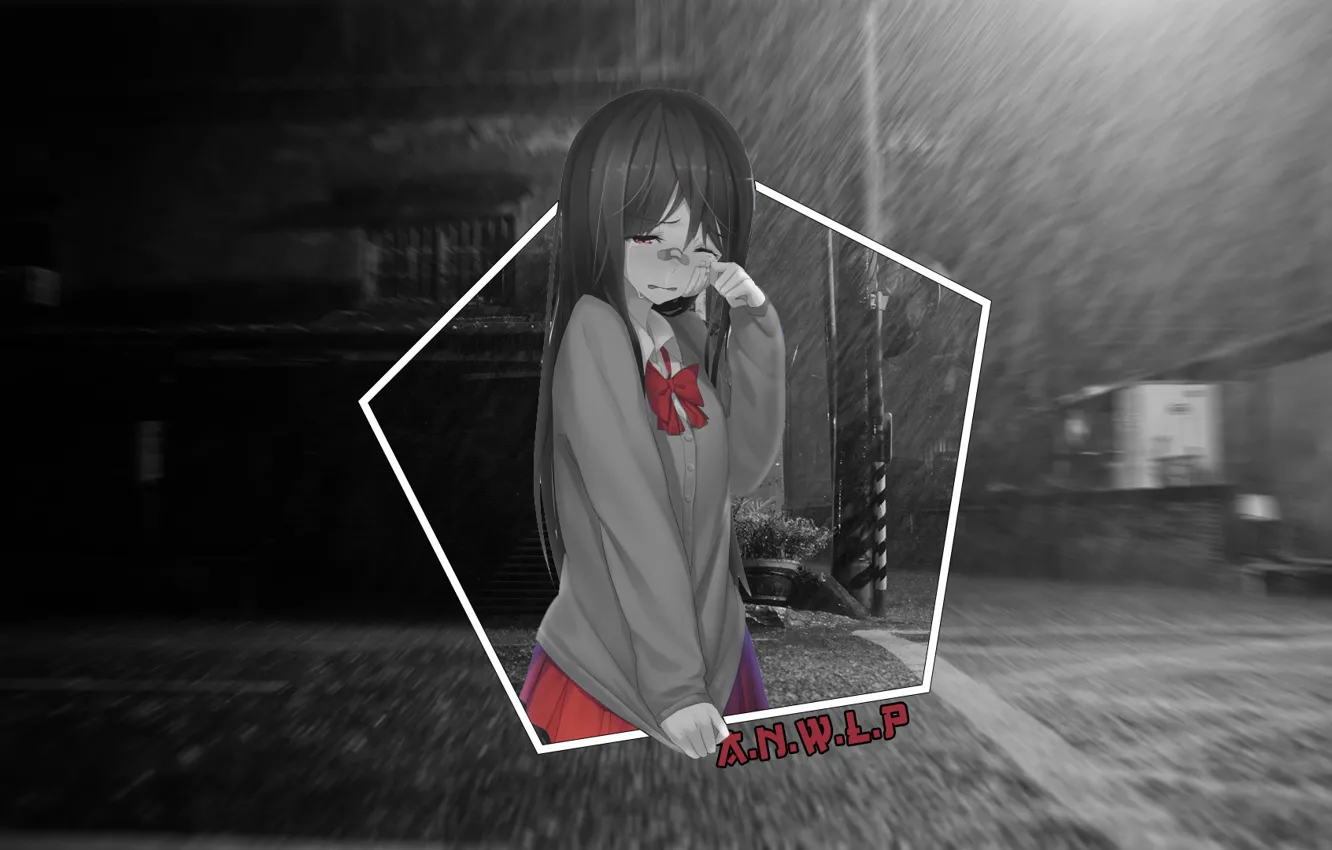 Photo wallpaper girl, rain, street, anime, crying, Chan, madskillz